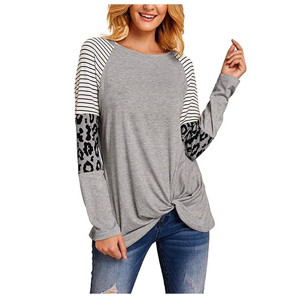Tops informales de manga larga con estampado de leopardo a rayas y cuello redondo para mujer Fridja ghj987+231