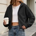 thumbnail image 2 of Hooded Zip Women Cropped Jackets Long Sleeve Sweatshirt with Pocket,Drop Shoulder Casual Fall Winter Daily Home Outdoor Wear,Black,S, 2 of 9