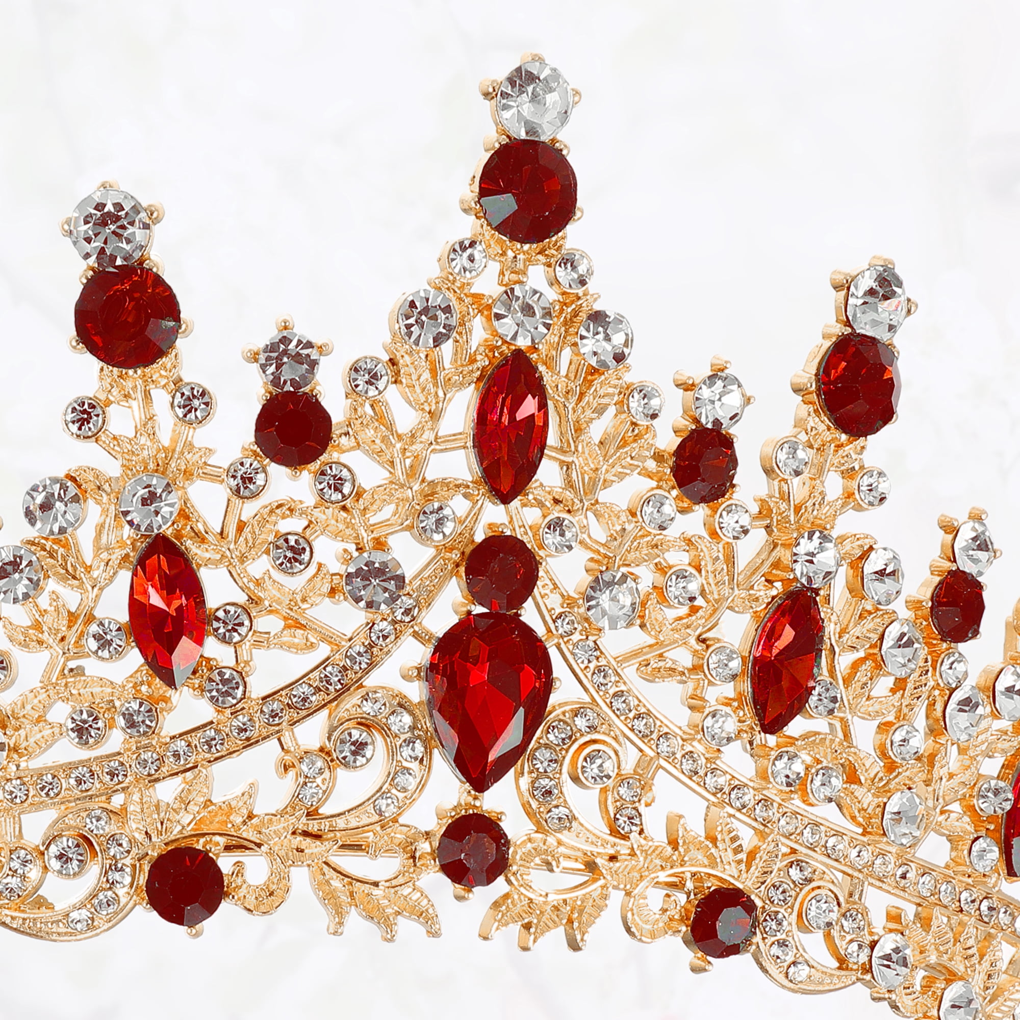 Unique Bargains Women Faux Crystal Queen Crowns Tiara Hair Accessories Gold Tone Red