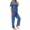 thumbnail image 4 of INSPIRE CHIC Womens Satin Pajamas Silky Short Sleeve V Neck Shirt with Long Pant Soft Loungewear Pjs Set S Blue, 4 of 6