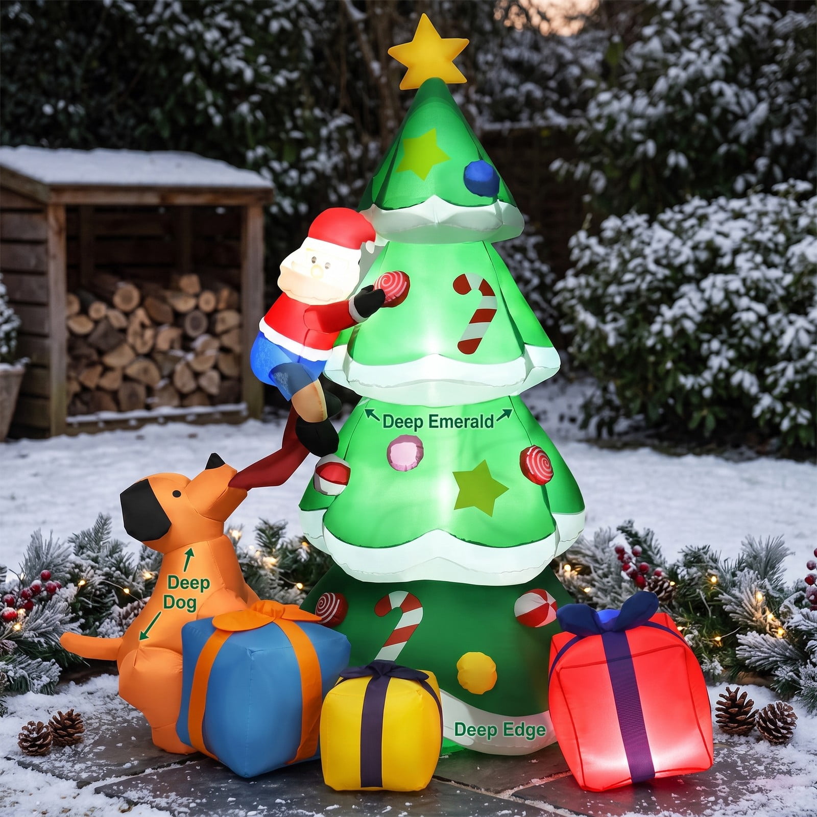RUIE 7 FT Inflatable Christmas Tree with LED Lights, Blow Up Santa Claus Yard Decoration for Outdoor Xmas Holiday Lawn Garden Party Decor, Green