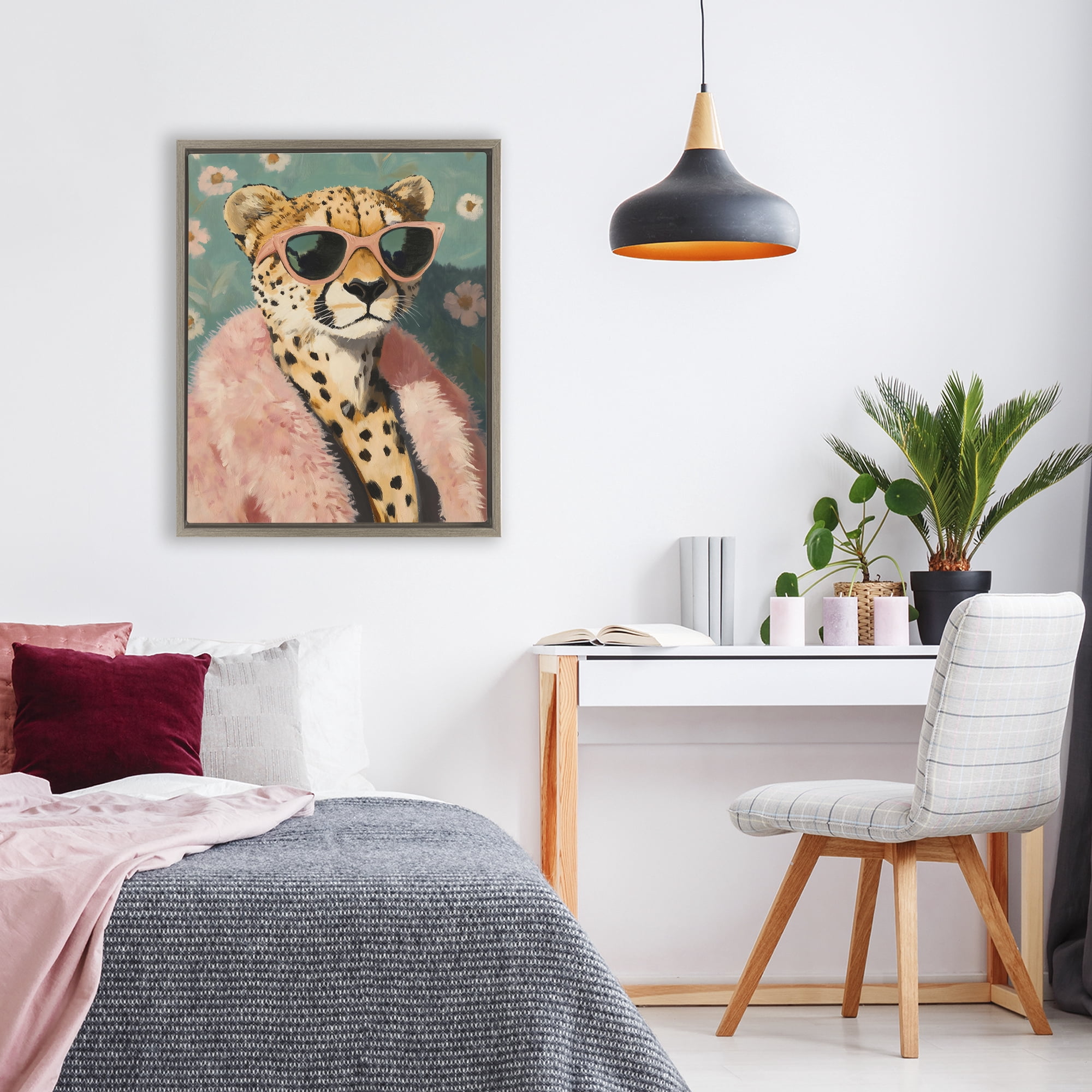 Stupell Industries Glam Cheetah in Pink Fur Brown Framed Floater Canvas Wall Art, design by The Prints Vibe