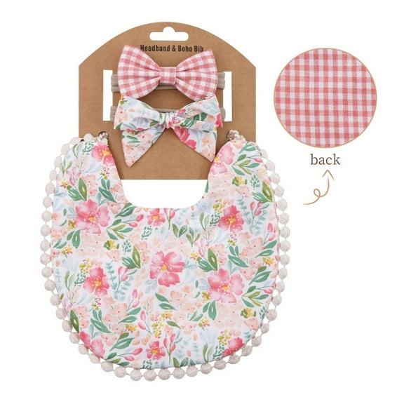 OAVQHLG3B Baby Girls Plaid Print Bibs Set Cute Linen Cotton Double Sided Saliva Headband Set 1 Bib Wipe 2 Bow Tiara
