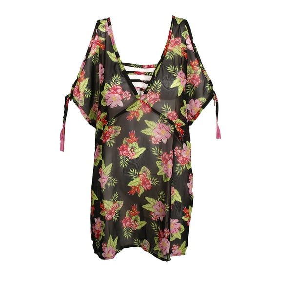 Miken Swim Womens Black Multi Printed Cold-Shoulder Cover-Up XS