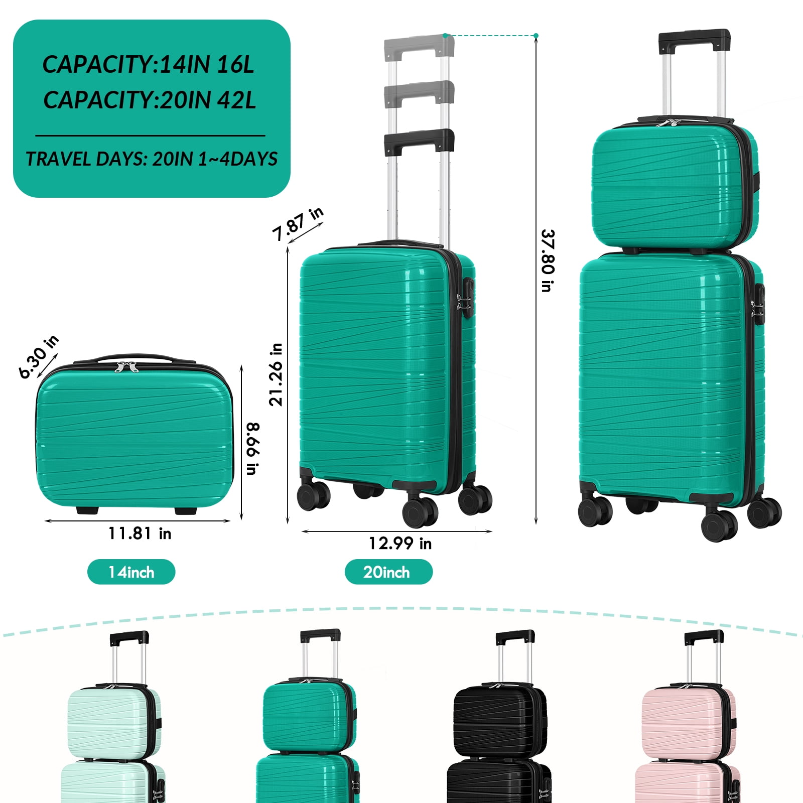 Travel Business Trip Slanted Stripe Luggage Set PP 2 Piece (14"+20") Green