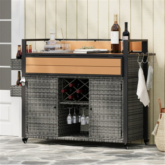 YIYADO 52.8" Grey Wicker Outdoor Grill Cart with Drop Leaf, Poly-Wood Tabletop, Lockable Wheels, Storage Cabinet, Wine Rack & Spice Shelf for Patio, Garden, or Poolside Use