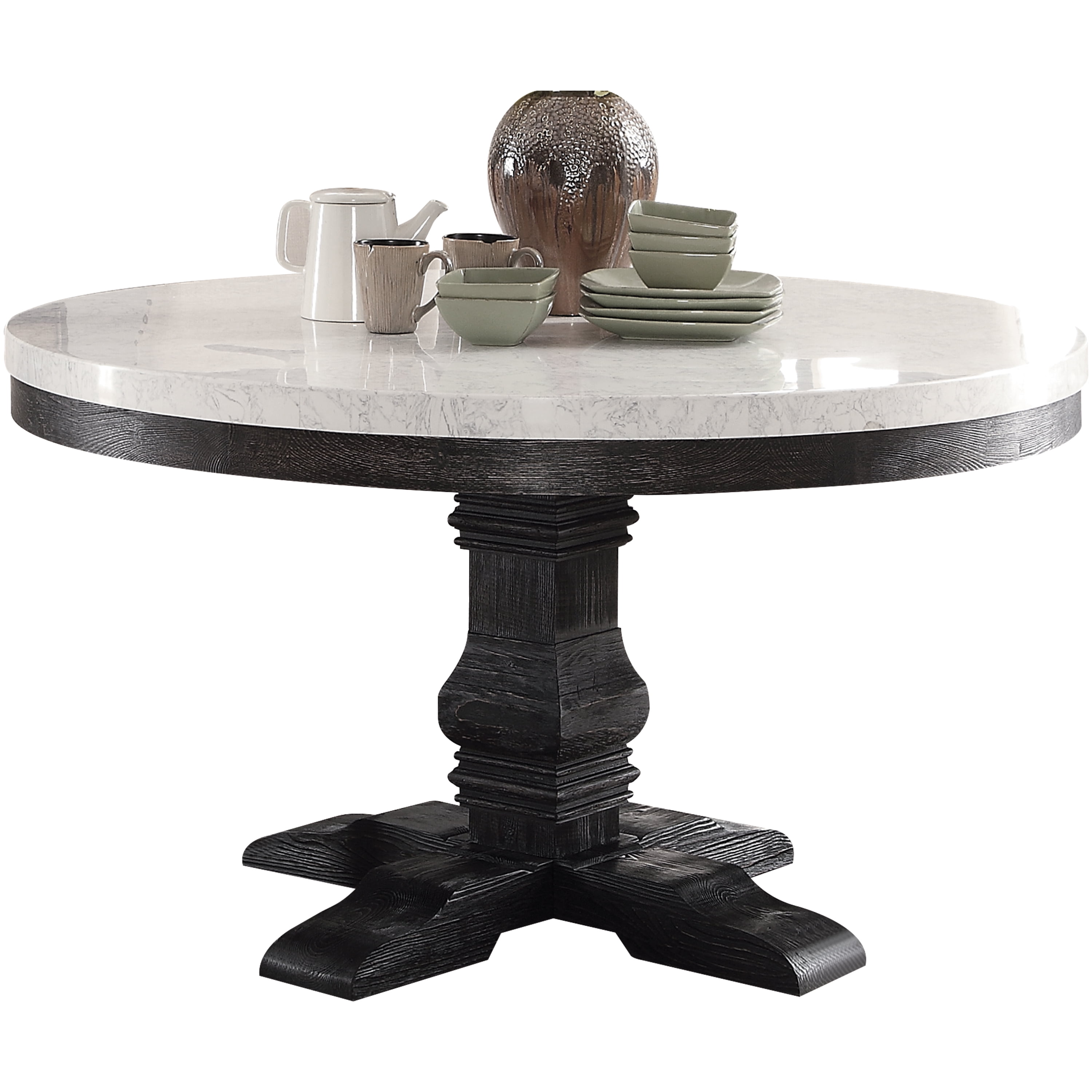 Acme Nolan Pedestal Round Dining Table, White Marble Dining Room Table Round