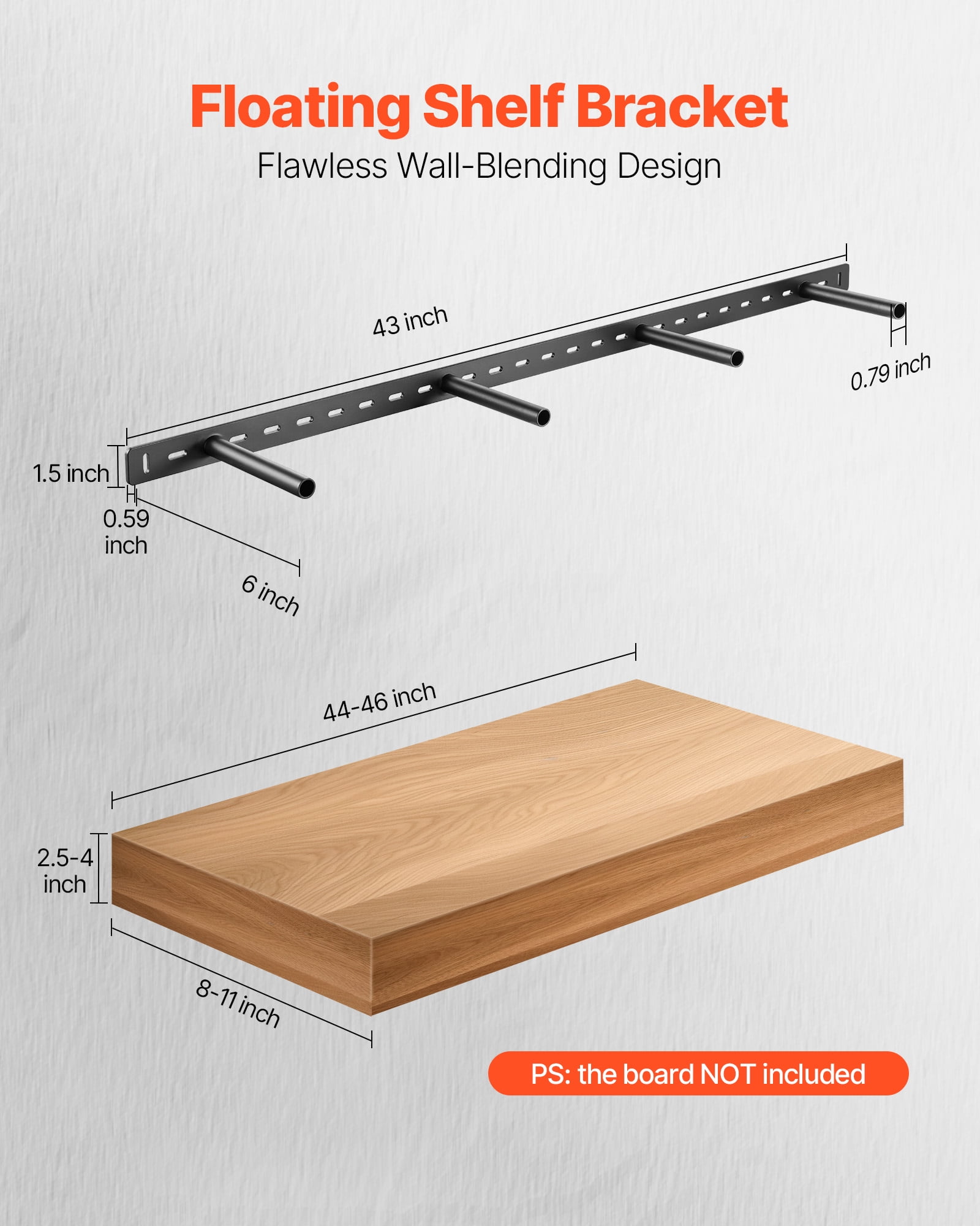 VEVOR Floating Shelf Bracket 1 Pack, 230 lbs/104 kg Weight Capacity, 43x6.2x1.5 inch / 1092.2x157.4x38.1 mm, Heavy Duty Hidden Shelf Brackets Support