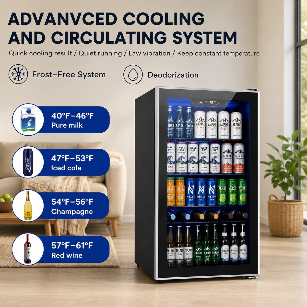 Auseo 126 Can Beverage Refrigerator and Cooler with Glass Door for Home/Office/Bar,19.29 in D, 30.79 in H,Black