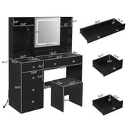 Ktaxon Large 47.2 Makeup Vanity with 3 Color Lights, Dressing Table w/ USB Charging Station, Adult, Black