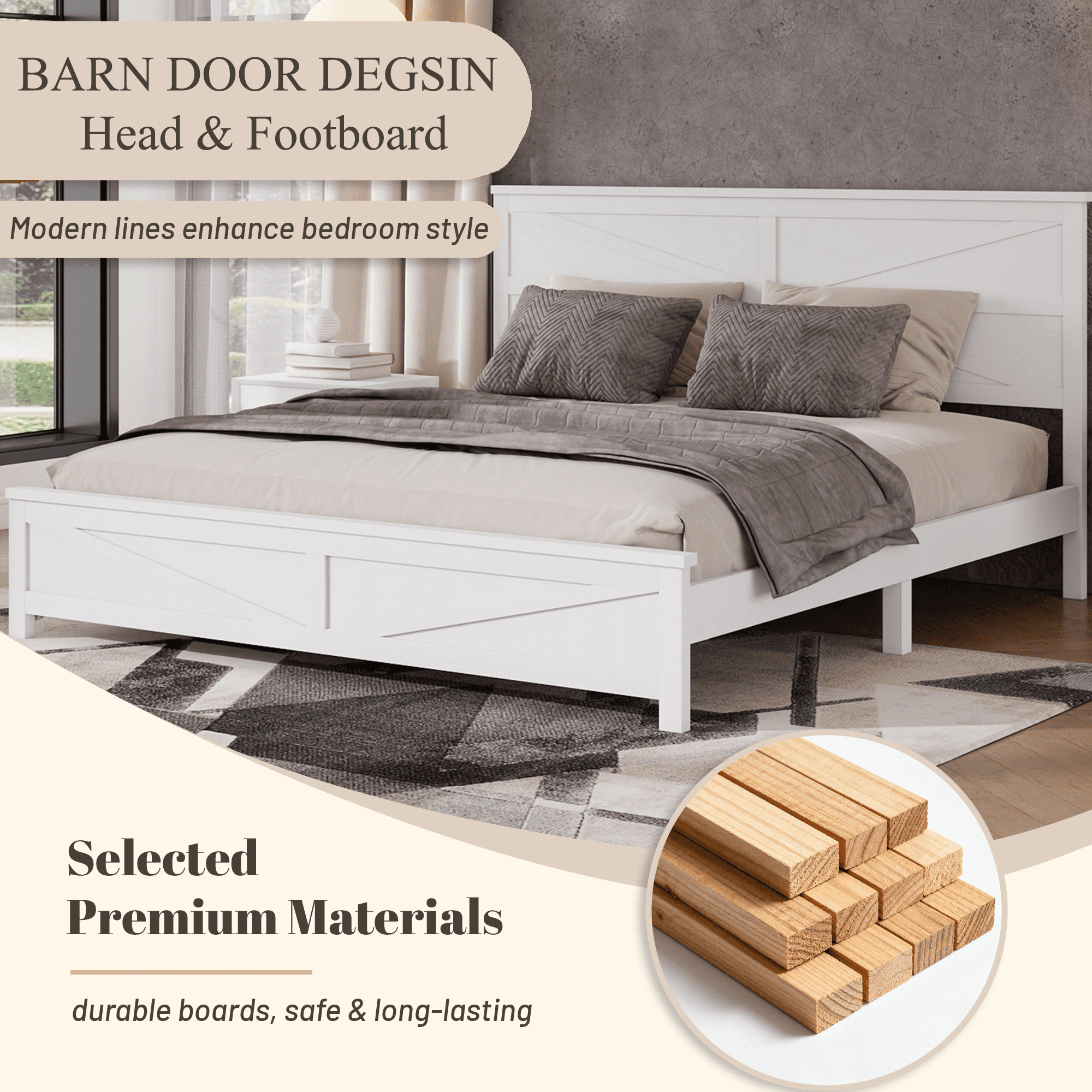 Mintazer Farmhouse King Size Platform Bed with Under-Bed Storage, Platform Bed Frame with Headboard & Footboard for Bedroom, White