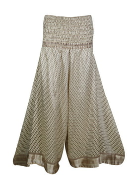 Mogul Womens Palazzo Divided Skirt Printed Gypsy Vintage Recycled Silk Sari Smocked High Waist Split Skirts S/M