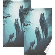 Bestwell Wolf Under Moonlight Cotton Towel Set 2PCS,Quick Drying Bath Towels,Soft and Breathable Hand Towel WashCloths for Kitchen,Bathroom,Gym,Beach