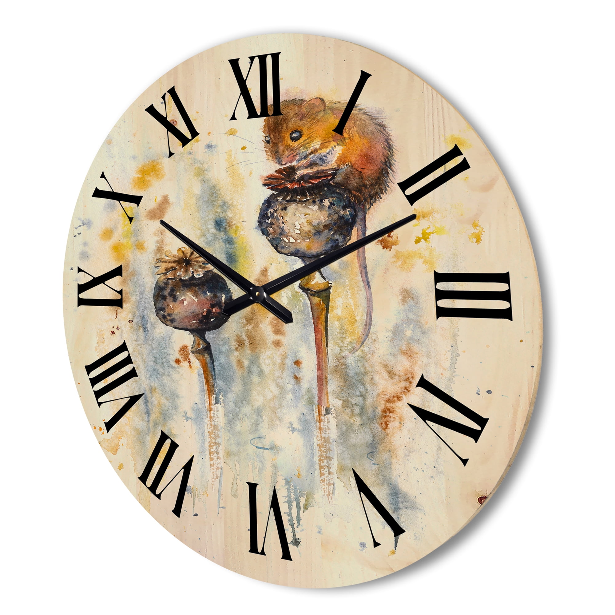 Designart 'Little Mouse Sitting On Poppies' Traditional Wood Wall Clock