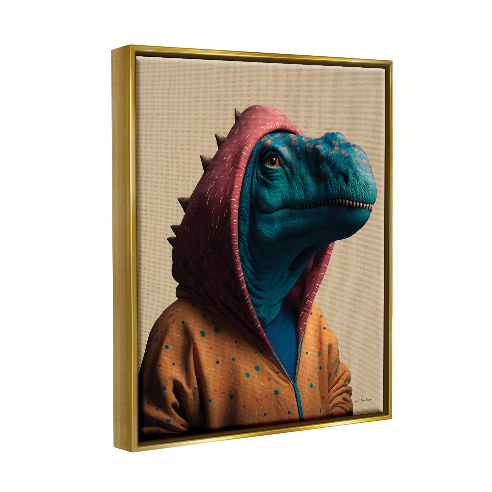 Stupell Industries Fun T-Rex in Hoodie Animals & Insects Painting Gold Floater Framed Canvas Art Print Wall Art, 25 x 31
