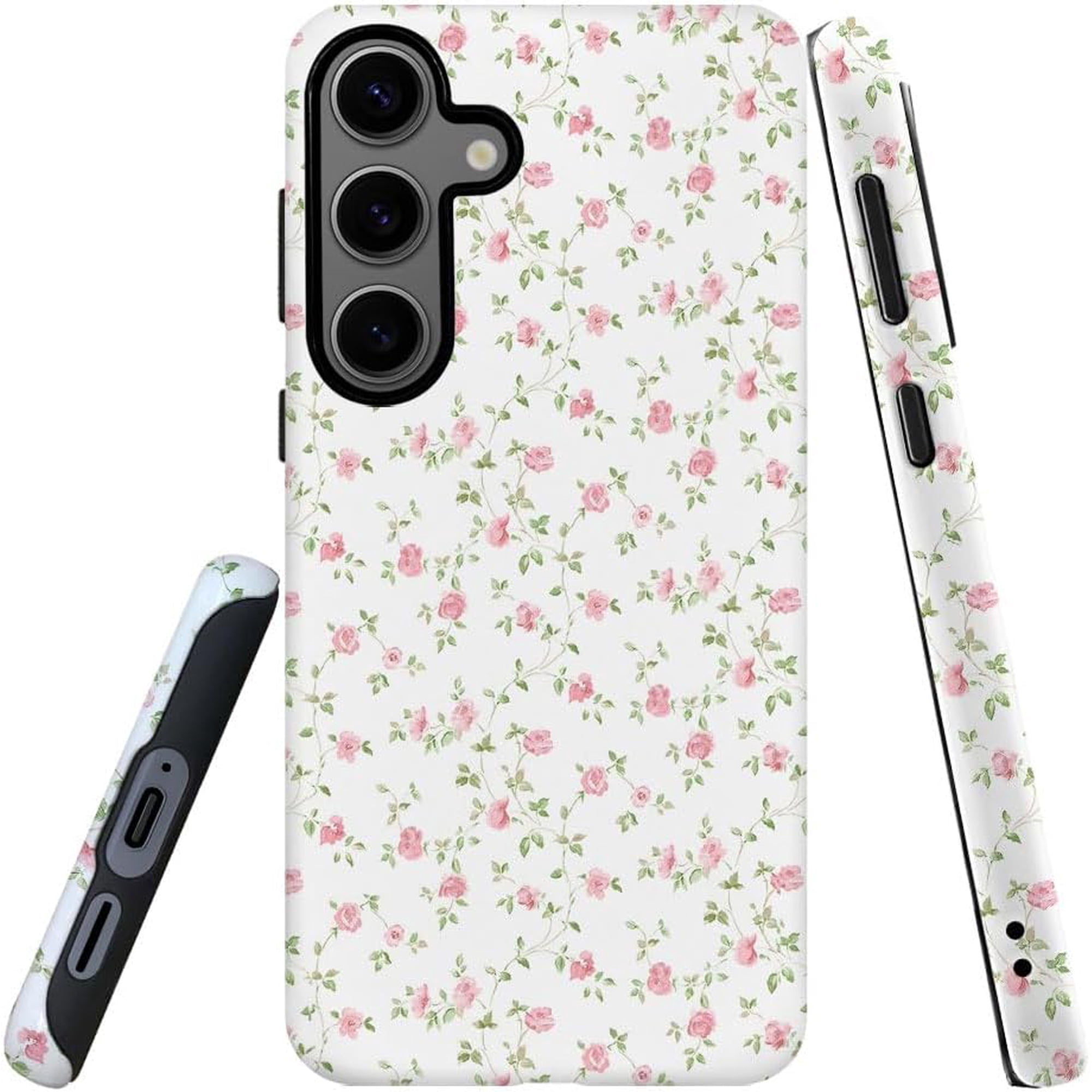 Compatible with Samsung Galaxy S24 Plus, 2-in-1 Frosted Phone Cover Shockproof Case - Aesthetic White Flower
