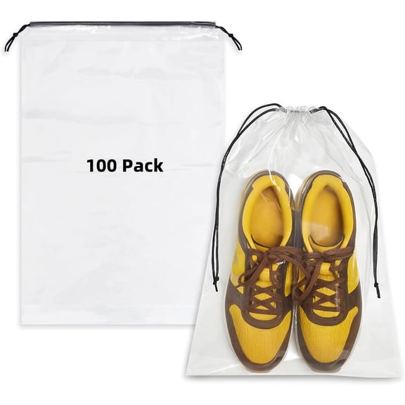 100 Pack Clear Shoe Bags for Travel, 12"x18" Large Travel Shoe Bags for Storage and Packing, Waterproof Drawstring Shoe Bag for Traveling, Bulk Travel Essentials for Men and Women