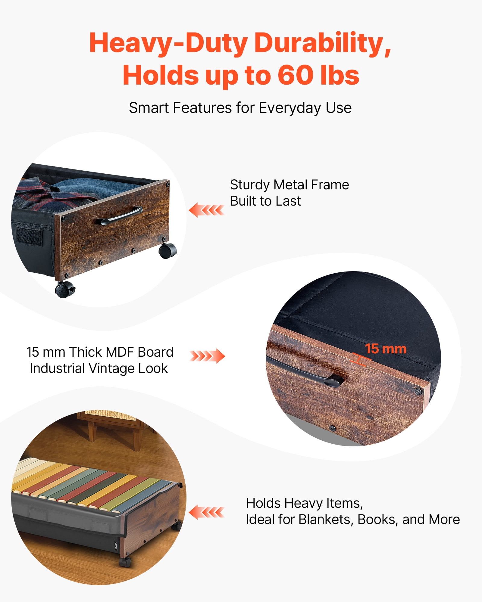 VEVOR Under Bed Storage with Wheels, 25.6 x 18.1 x 7.1 inch Underbed Containers, Underbed Shoes Organizer with Lockable Wheels, Rolling Under the Bed Storage Bins for Clothes, Shoes, Blankets, 2 Pack