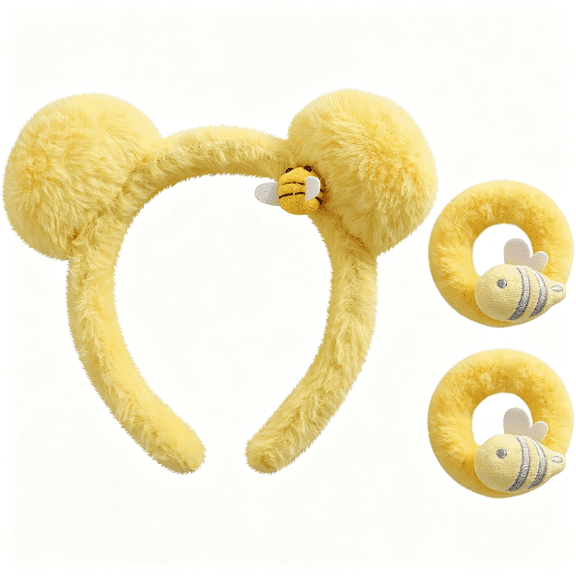 BZCOE Bear Ears Headband with 2Pc Hair Ties Yellow Plush Bee Women Costume Hair Accessories Soft Cat Ears Headband