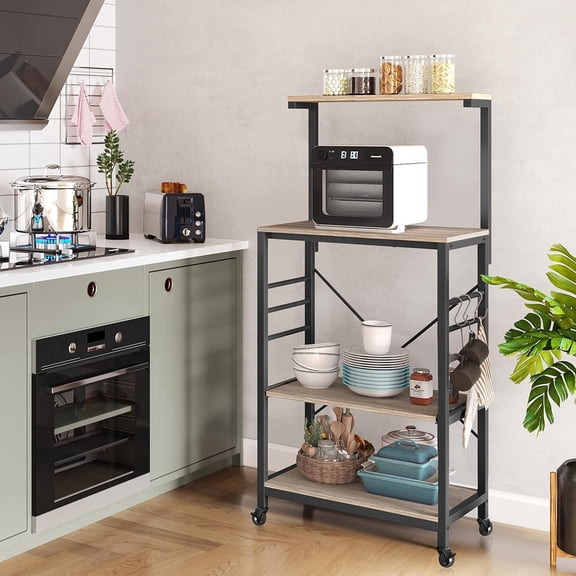Kitchen Bakers Rack on Wheels(16D x 24W x 50H Inches), Microwave Stand Kitchen Cart, Rolling Coffee Bar Cart with 6 S-Side Hooks and Adjustable Feet, Utility Storage Shelf, Gray