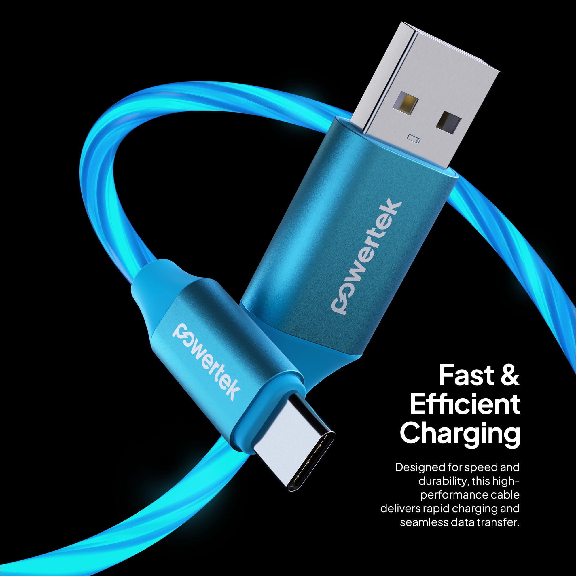 Powertek Light-Up USB-A to USB-C Charging Cable, 5 ft, Blue