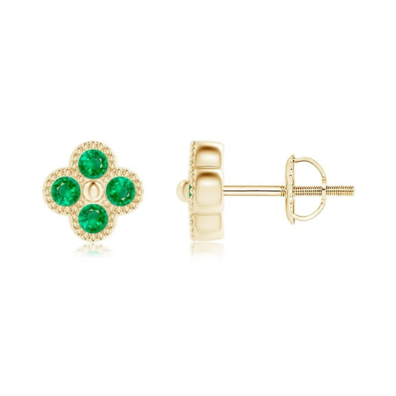 ANGARA Natural Emerald Four Leaf Clover Stud Earrings with Beaded Edges in 14K Yellow Gold for Women (Size-2mm) | May Birthstone, Anniversary, Jewelry Gift for Women | Natural Emerald Earrings