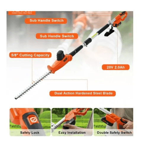 20V Cordless Hedge Trimmer 18 inch Double edged Steel Blade Pole Hedge Trimmer Kit