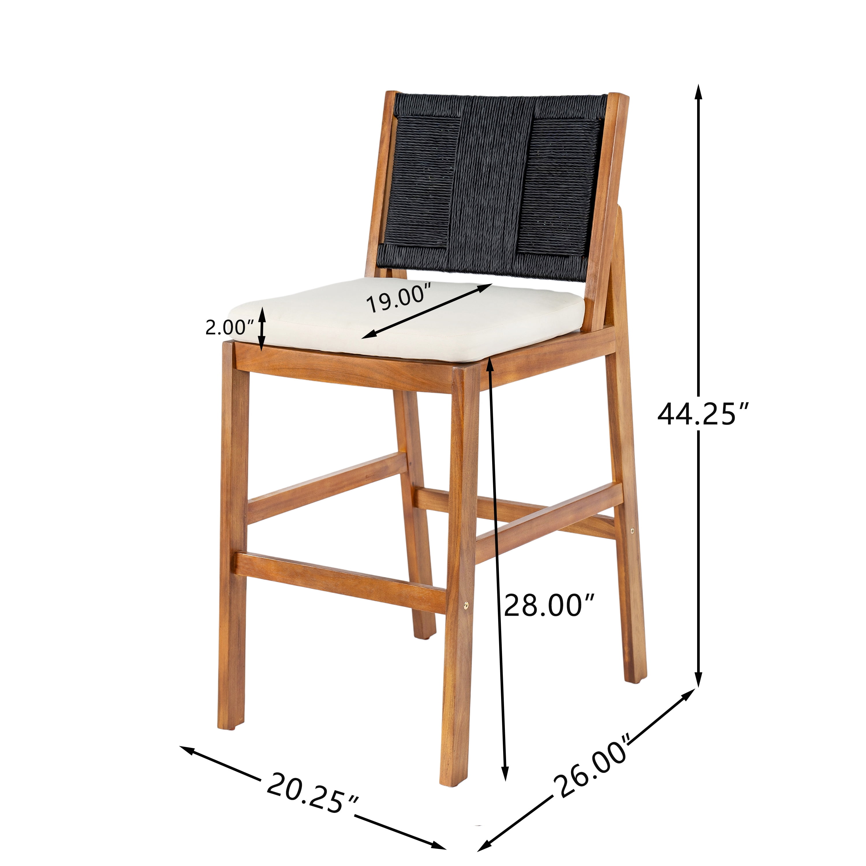 Bar Stools Set of 2, Outdoor Acacia Wood Teak Finish Bar Height Chairs with Cream Cushion, Teak