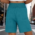 thumbnail image 6 of Linen Shorts Women Elastic Smocked Waist Patch Pocket Breathable Summer Casual Bottoms Blue XL, 6 of 6