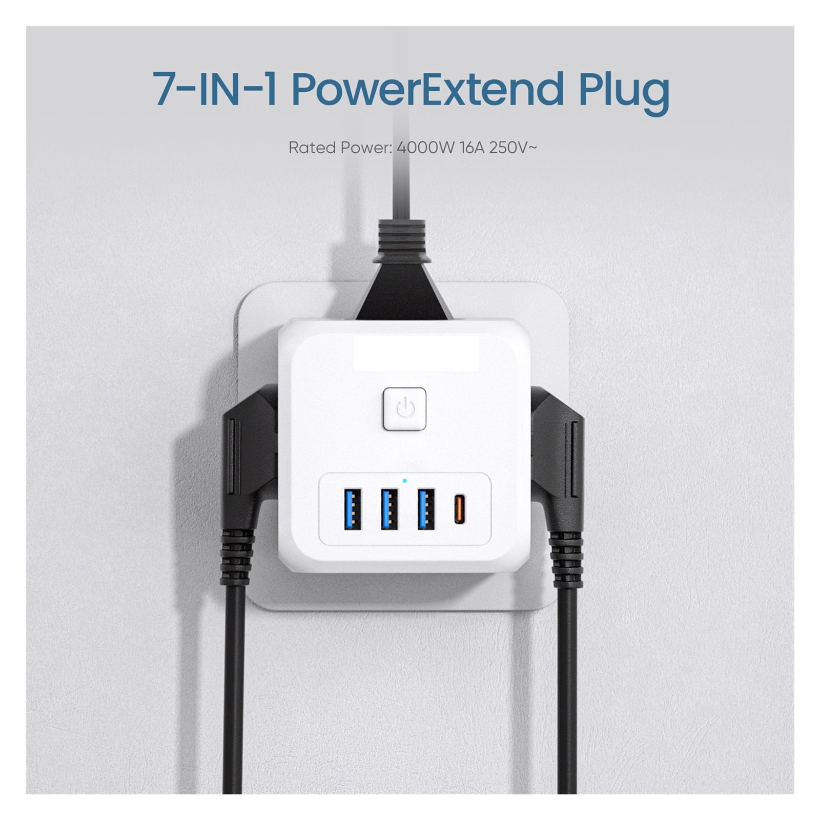 Power Strip With 3 AC Outlets +3 USB Charging Ports+ 1 Type C 5V 2.4A Adapter 7-in-1 Socket On/Off Switch