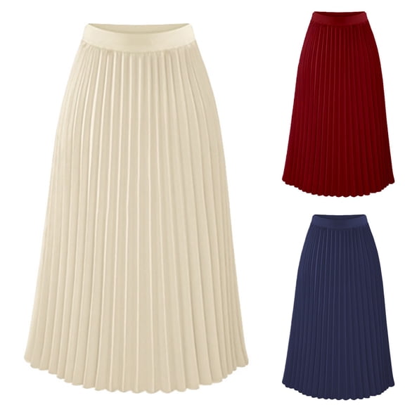 Hpapadks Skirts for Women Trendy High Elastic Waist Solid Color Pleated Mid A Line Swing Skirt Beige L