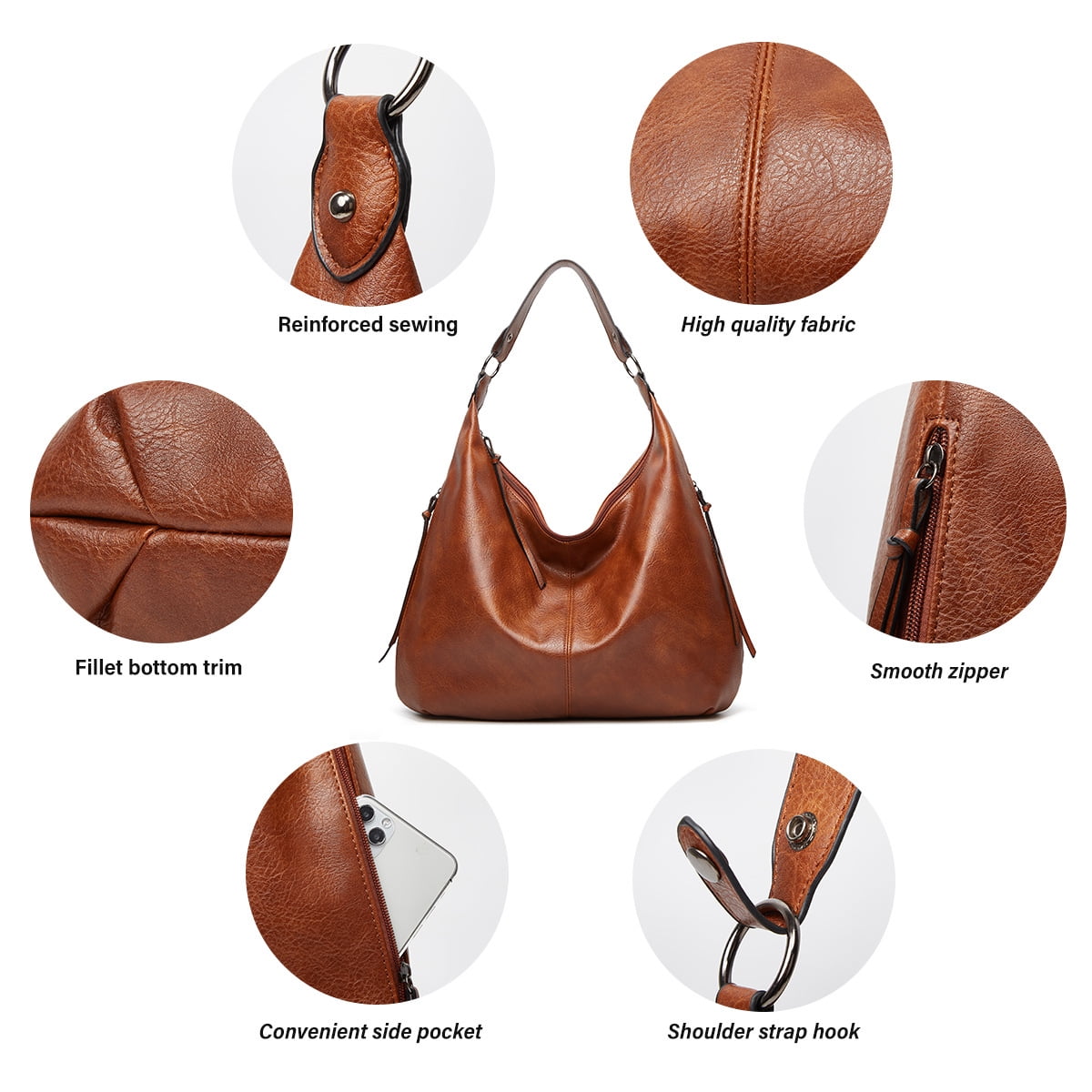 Sendfen Women's Leather Hobo Bag with Wristlets Crossbody bag, Brown, 3-Piece