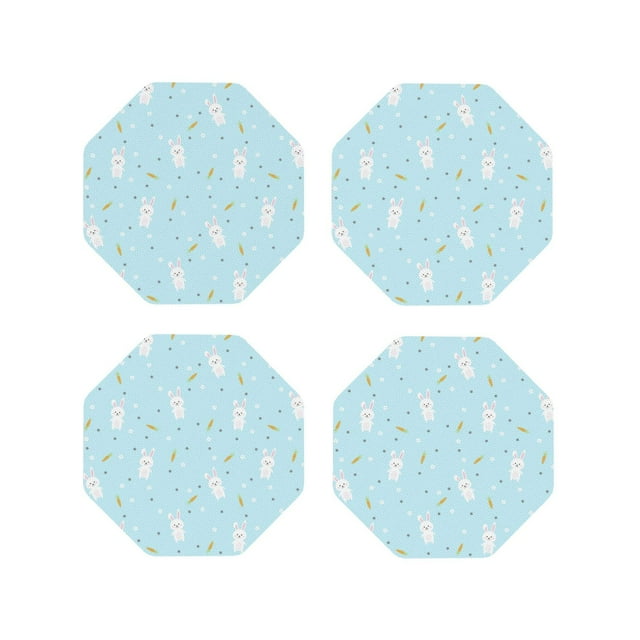 Vsdgher Cute Bunny Print Leather Coasters for Drinks, Durable Drink Coasters 4 Set for Tabletop Protection, Luxurious Home Décor and Housewarming Gift-Octagon