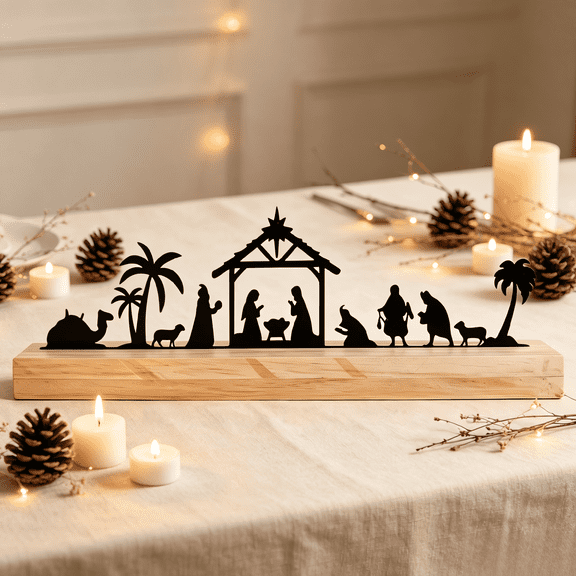 Christmas Tabletop Decor Nativity Scene Tabletop Decoration with Solid Wood Base, 12.6" Religious Farmhouse Christmas Table Centerpiece for Home & Church Holiday Decoration
