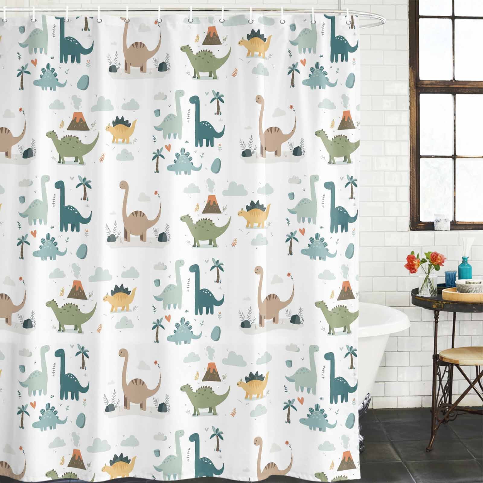 Shower Curtain Bathroom Set Cartoon Dinosaur Lovely Animals Waterproof Fabric Shower Curtains with Grommets&Hooks, Cute Cartoons Privacy Bath Curtain for Bathtub 60x72in