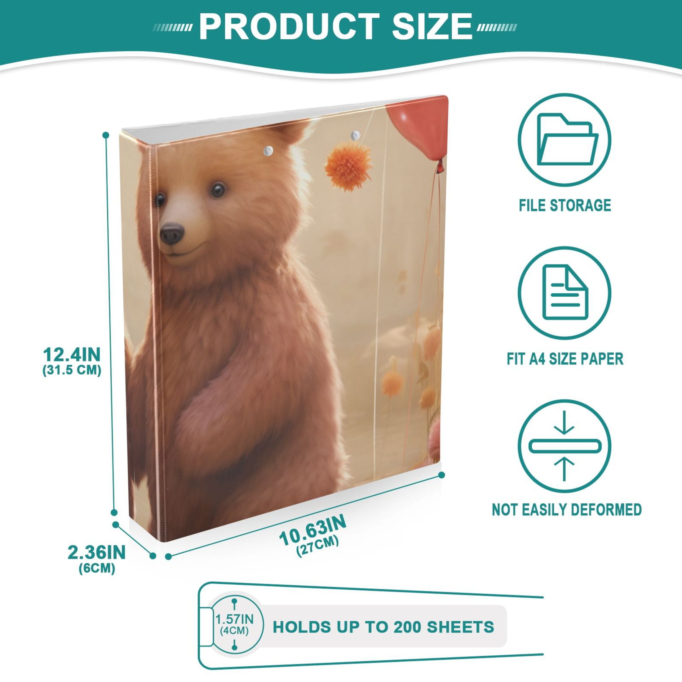Cute Bears 3 Ring Binders 1.5 inch Hardcover File Folders with Interior Pockets A4 Size Organizer for School Office Hospital Set of 2