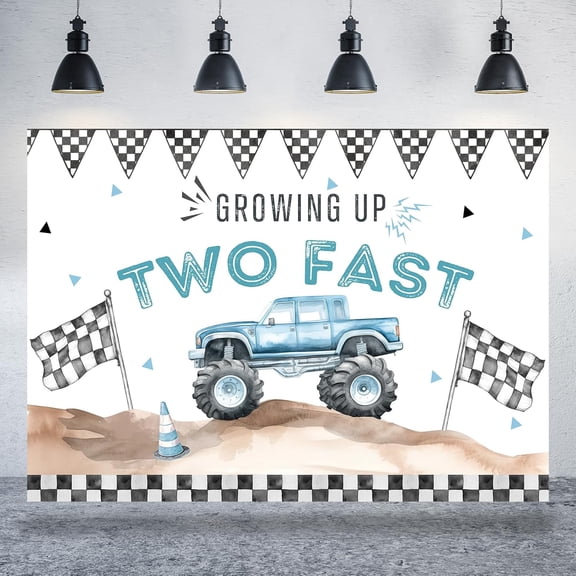 7x5FT Truck Two Fast Birthday Backdrop for Boys Blue Racing Car 2nd Birthday Photography Background Second Bday Party Decorations Supplies Banner Photo Booth Props