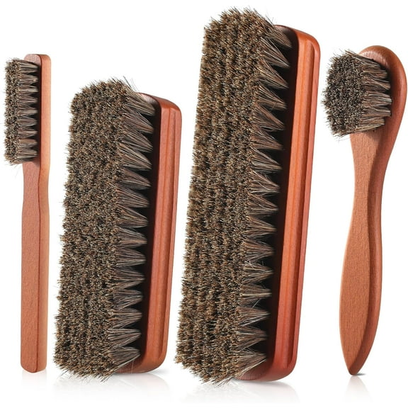 4-Piece Professional Horsehair Shoe Shine Brush Kit, Leather Shoe & Boot Care Set with Cleaning Brushes & Polish Dauber Applicators