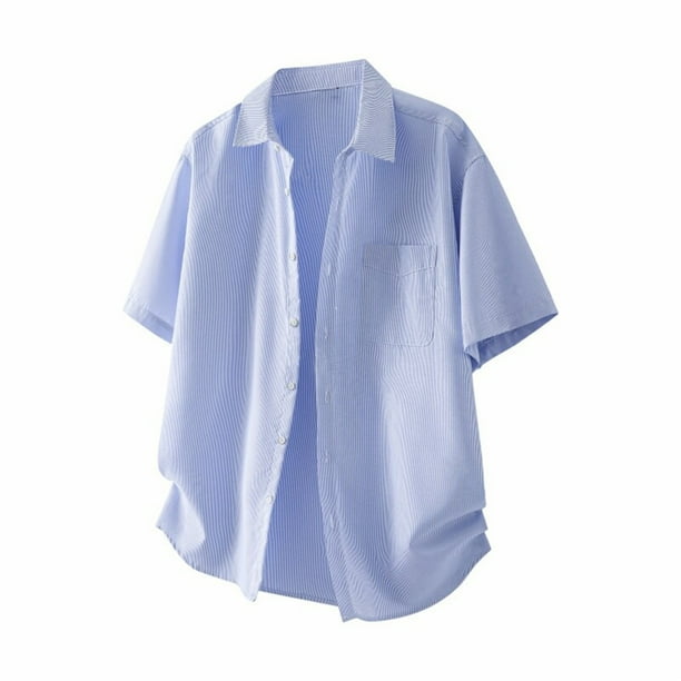 Blusa y camisa de manga corta con cuello vuelto para hombre, informal, de verano, a rayas, de manga corta, con bolsillo de solapa, fina, de poliéster
