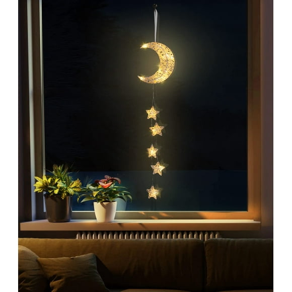 Lewondr Hanging Light,Rattan Moon Star Fairy Lights Indoor Decorative Lights Window Light Battery Operated Star Lights for Children's Room Bedroom Party Ramadan Decoration with Timer Fu