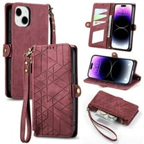 Mantto Case for iPhone 14, Zipper Wallet Card Holder Flip Stand Premium Leather Case with Removable Wristlet Strap, RFID Blocking Magnetic Closure Case For iPhone 14, Red