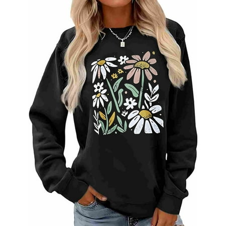 Woman Crew Neck Sweatshirt Bohemian Floral Graphic Shirt Casual Long Sleeve Top