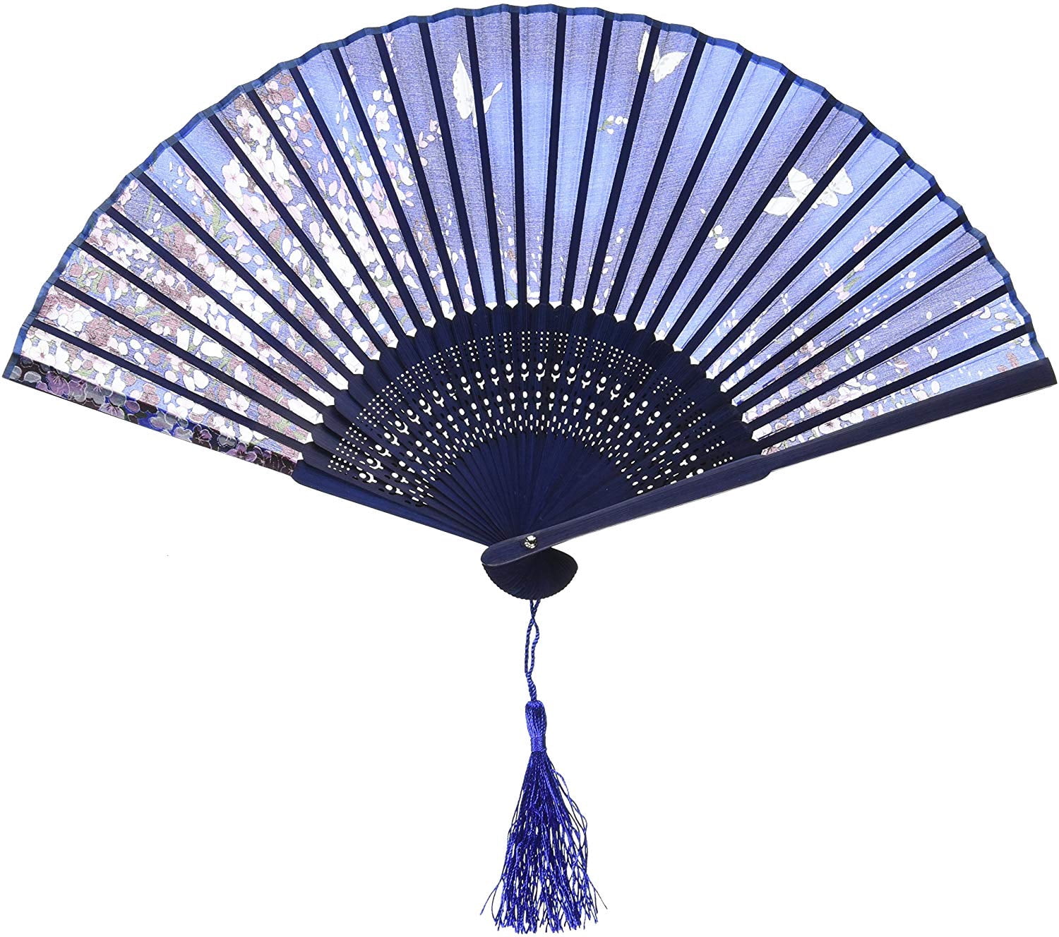 2 Packs Japanese Butterfly Silk Handheld Folding Fan Handheld Fans, Silk Folding Fans with Bamboo Frames for Dancing Cosplay Wedding Party Props Decoration, White Blue