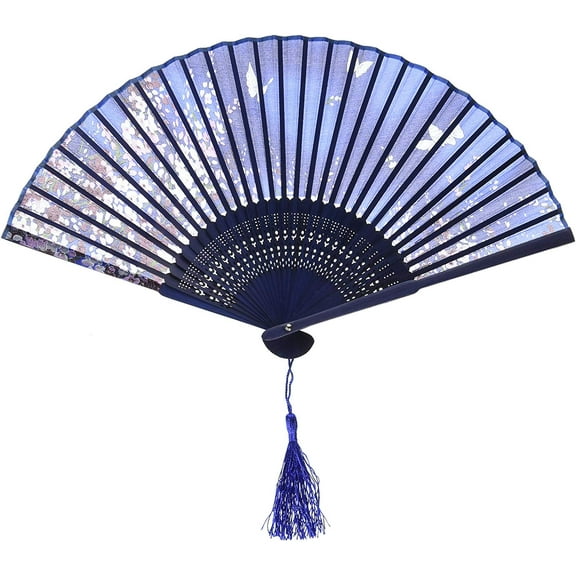 Japanese Butterfly Silk Handheld Folding Fan Handheld Fans, Silk Folding Fans with Bamboo Frames for Dancing Cosplay Wedding Party Props Decoration, White Blue