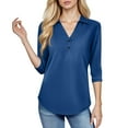thumbnail image 5 of Mohiass 3/4 Sleeve Elegant Blouse Women Spring Formal Ruched Shirt Solid Lightweight V Neck Fitted Tops Blue L, 5 of 5