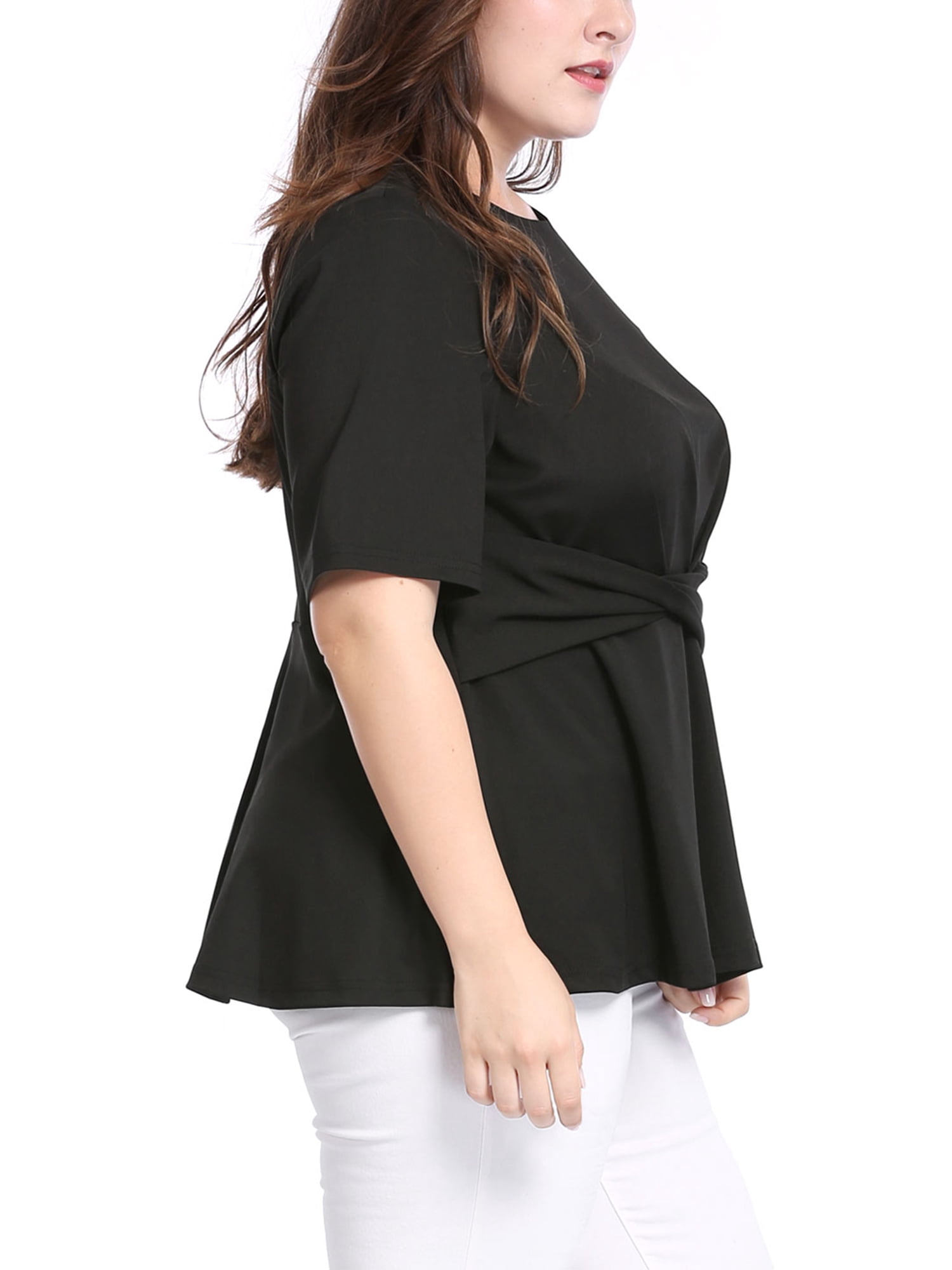Unique Bargains Women's Plus Size Short Sleeve Solid Outfits Fashion Wrap Peplum Tops 1X Black