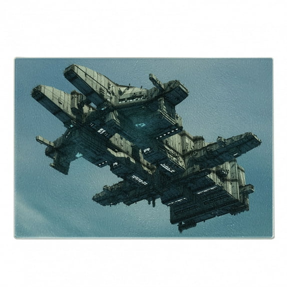 Fantasy Cutting Board, Science Fiction Alien Ship Illustration Extraterrestrial Beings Realistic UFO, Decorative Tempered Glass Cutting and Serving Board, Small Size, Pale Blue Grey, by Ambesonne