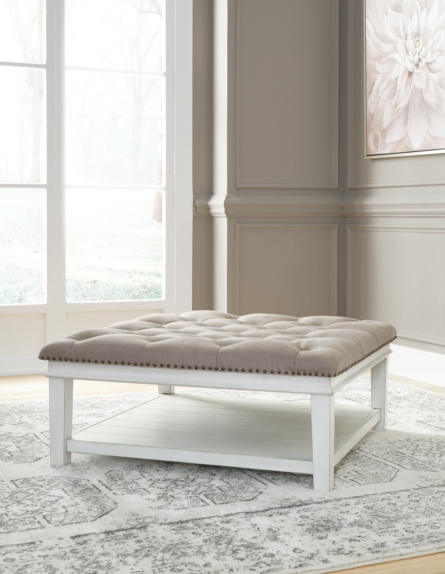 Signature Design by Ashley Contemporary Kanwyn Upholstered Ottoman Coffee Table, Whitewash