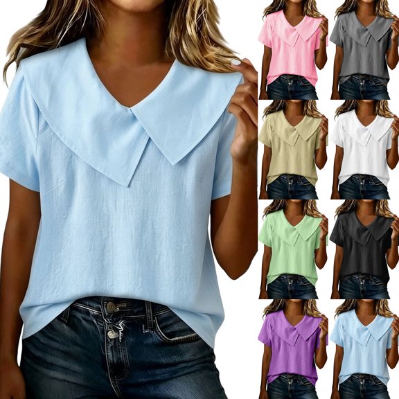 Women's Sailor Lapel Blouse Solid V Neck Short Sleeve Tunic Shirts Lightweight Summer Basic Tops Casual Outfit White