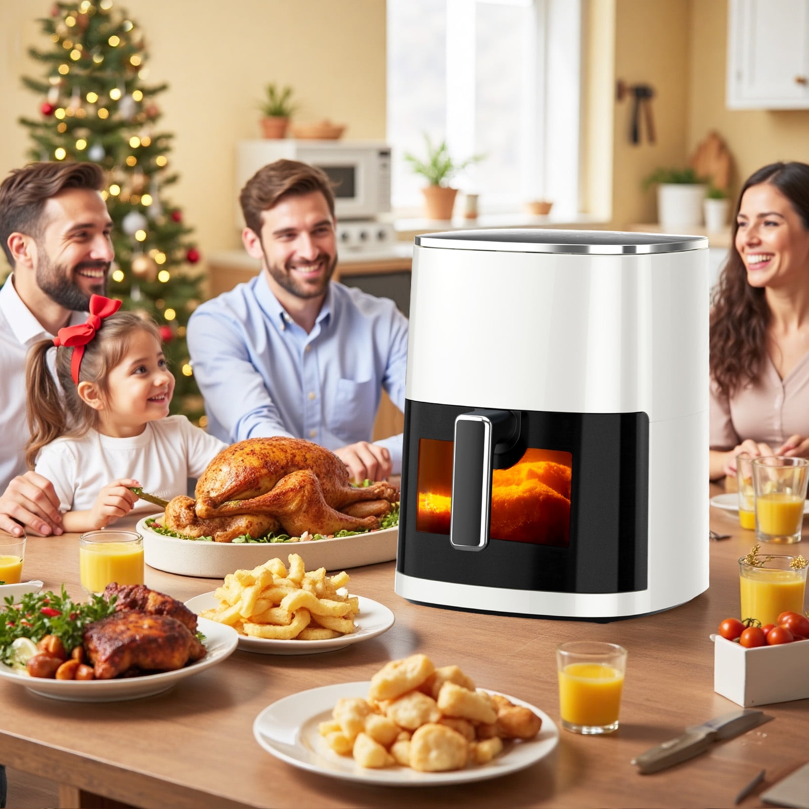 Sybels Air Fryer with Viewing Window, 6-Quart 12-in-1 Multi-Function Appliance for Air Frying, Roasting, Baking & Dehydrating, Beige